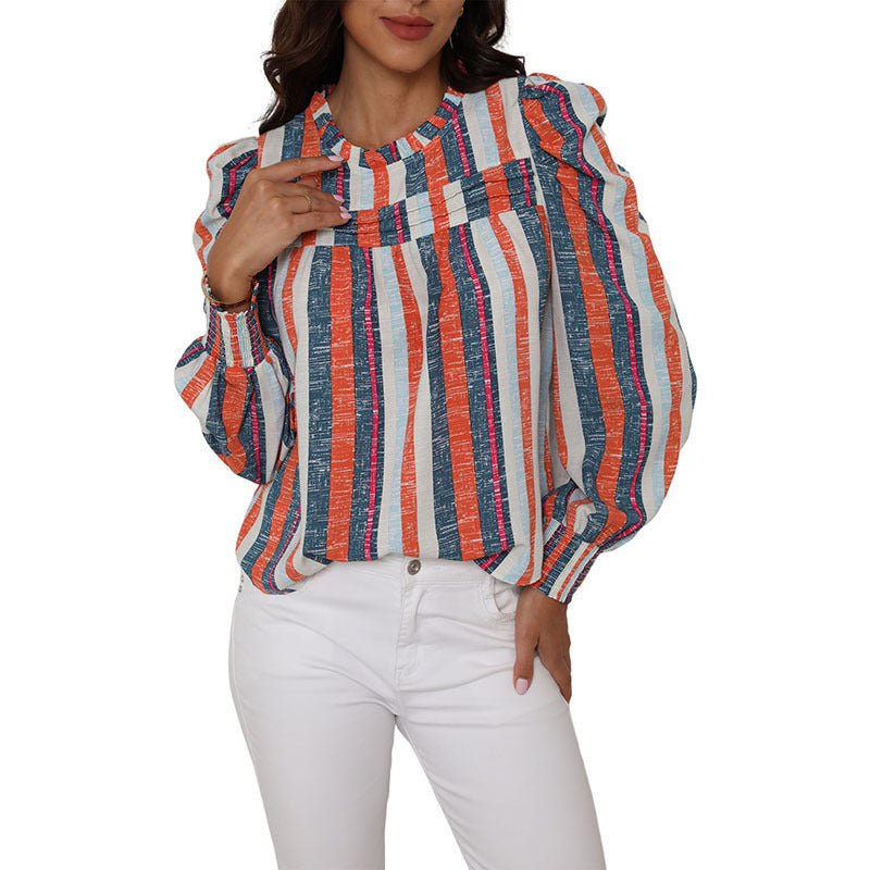 Thin Simple Striped Chiffon Shirt Women's New Autumn Pullover Round Neck Long Sleeve Blouse Women