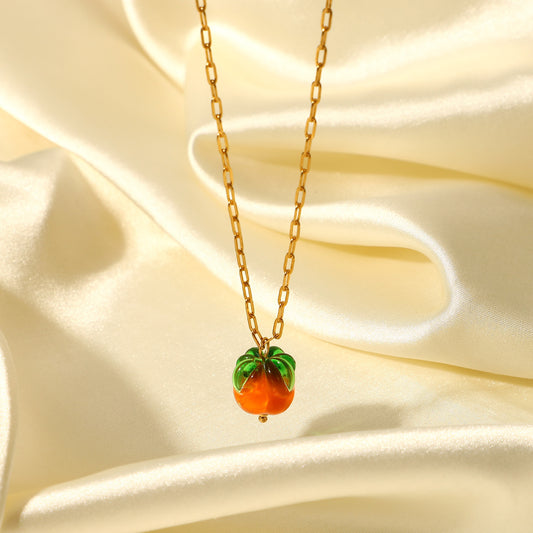 5pcs 18K Gold Stainless Steel Cross Chain Necklace Women Fashion Creative Style Glass Beads Persimmon Pendant Necklace