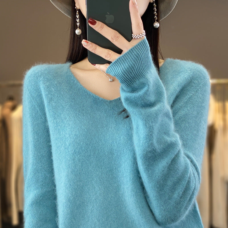 100 Pure Wool Knitwear Women's V-Neck Pullover Loose Base Shirt Autumn And Winter New Solid Color Sweater