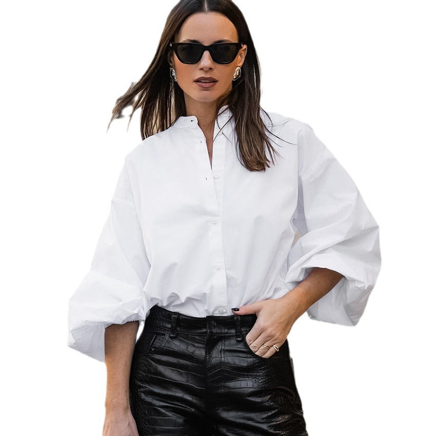 Spring Fashion Temperament Sense Small Stand Collar Lantern Sleeve Cardigan Shirt White Cotton Simple Shirt Woman