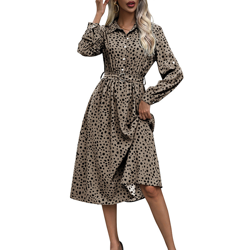 New Dress Lapel Button Temperament Dress Polka Dot Long Skirt High Waist Women Skirt With Belt