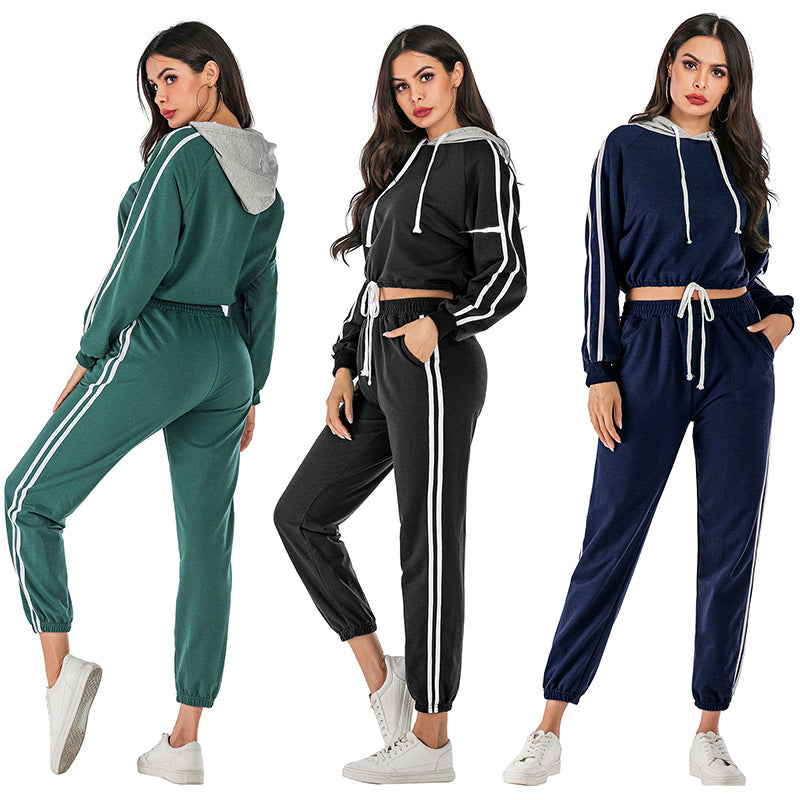 New Casual Sports Suit Women Hooded Loose Short Hoodie Pant Two-Piece Set