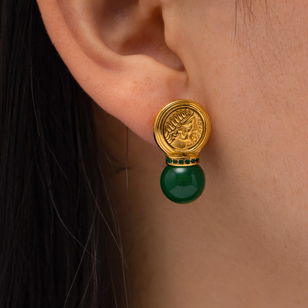 5pcs Retro Stainless Steel Inlaid Green Pendant Earrings Titanium Steel Pendant Earrings