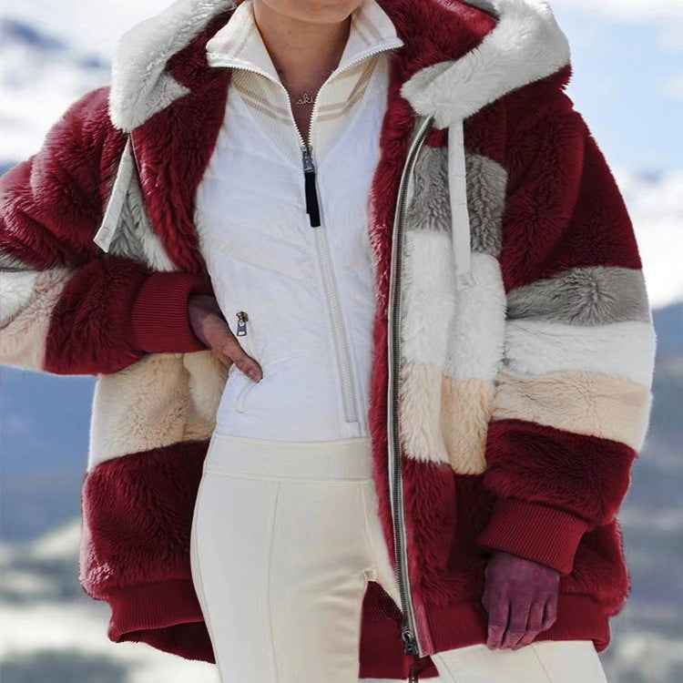 Autumn And Winter Warm Plush Patchwork Zipper Pocket Hooded Loose Coat Women