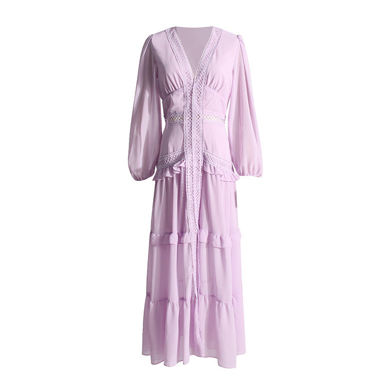 Royal Style Spring Deep V-Neck Lace Hollow Design Long Long Sleeve Solid Color Slit Dress