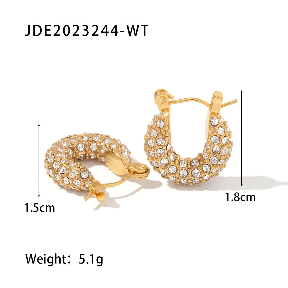 5pcs New Fashion Earrings 18K Gold Plated Stainless Steel Inlaid Green/White Square Zircon Ring Earrings