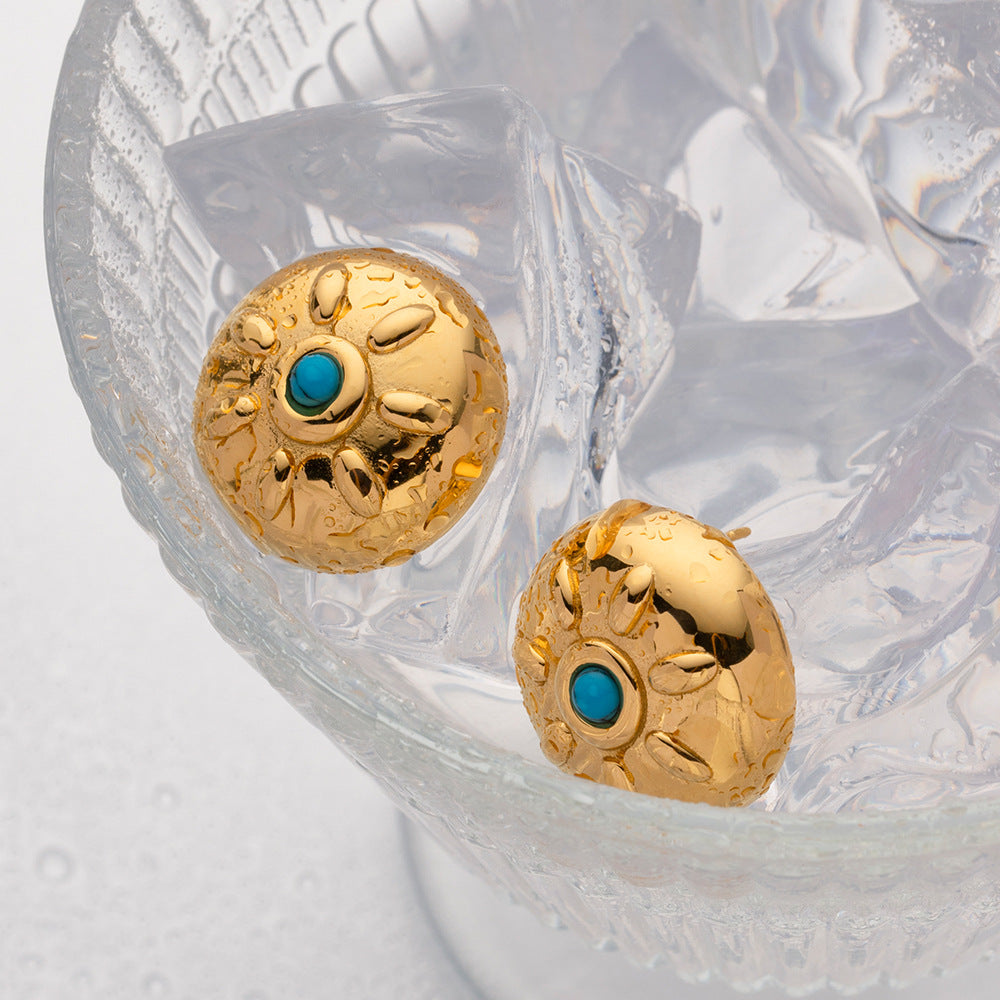 5pcs New Titanium Steel Gold-Plated Earrings Fashion 18-Karat Stainless Steel Inlaid With Turquoise Sun Round Pendant Earrings