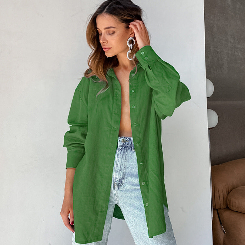 Spring Green Cotton Hemp Temperament Lapel Loose Women's Shirt Fashion Top
