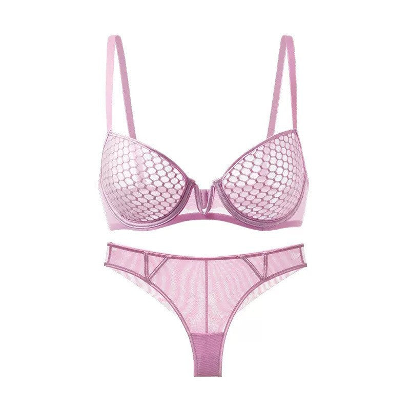 Lace Underwear Sexy Honeycomb Print Ultra-Thin Soft Underwire Bra Big Chest Small Big Size Bra Set