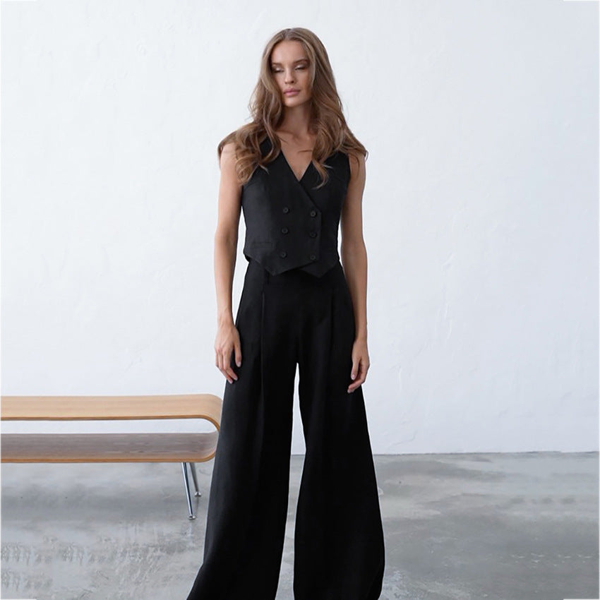 Fashion Casual Black Vest Vest Vest Pants Two-Piece Summer Design Sense Cotton Linen Suit For Women