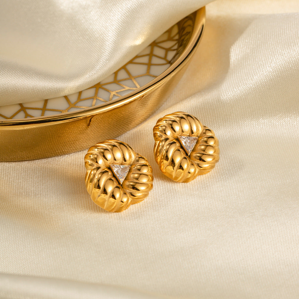 5pcs Geometric Premium Sense 18K Gold Stainless Steel Zircon Retro Set Zircon Petal Earrings