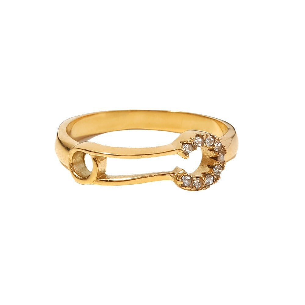 5pcs Women Fashion Niche Design White Diamond-Encrusted Paper Clip Ring Stainless Steel Plated 18K Gold Ring