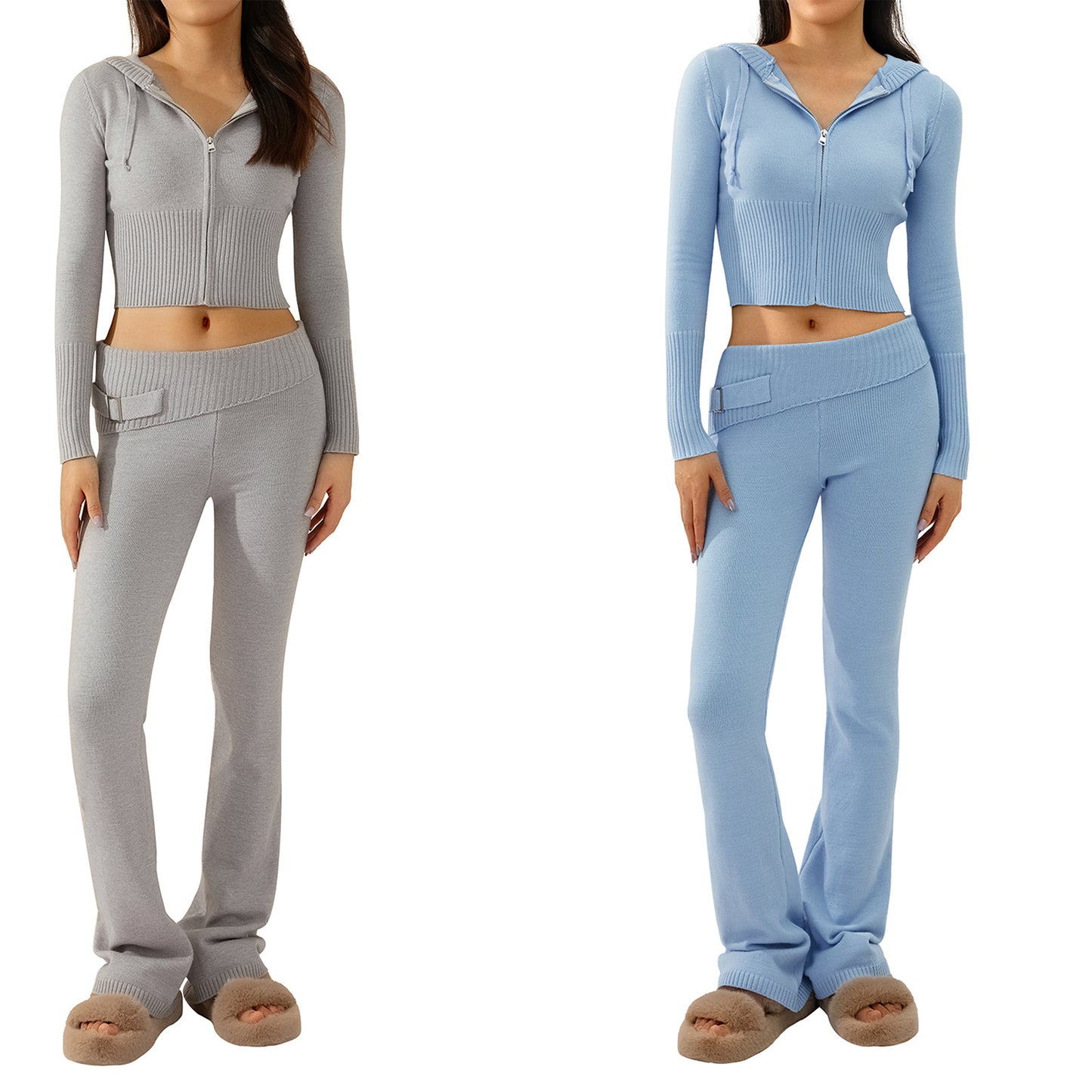 New Knitted Hooded Women's Fashion Sexy High-Waisted Long-Sleeved Trousers Two-Piece Set