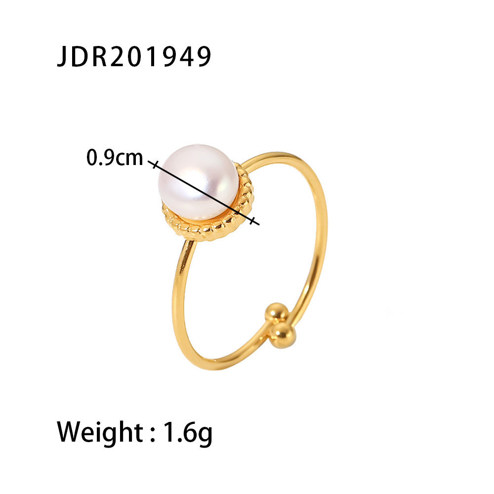 5pcs Stylish Matching Ring 18K Gold Stainless Steel Adjustable Light Pearl Bread Bead Fine Ring