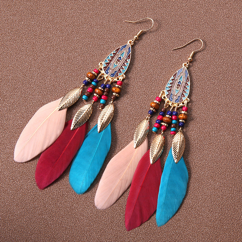 Water Drop Fringe Feather Earrings Women's Long Boho Rice Beads Ears Ethnic Wind Travel Holiday Accessories