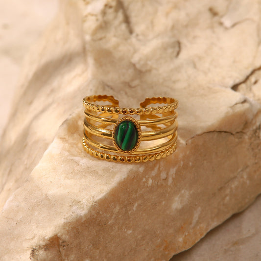 5pcs Small 18K Electric Gold Plated With Malachite Natural Stone Open Ring Women's Fashion Hand Jewelry