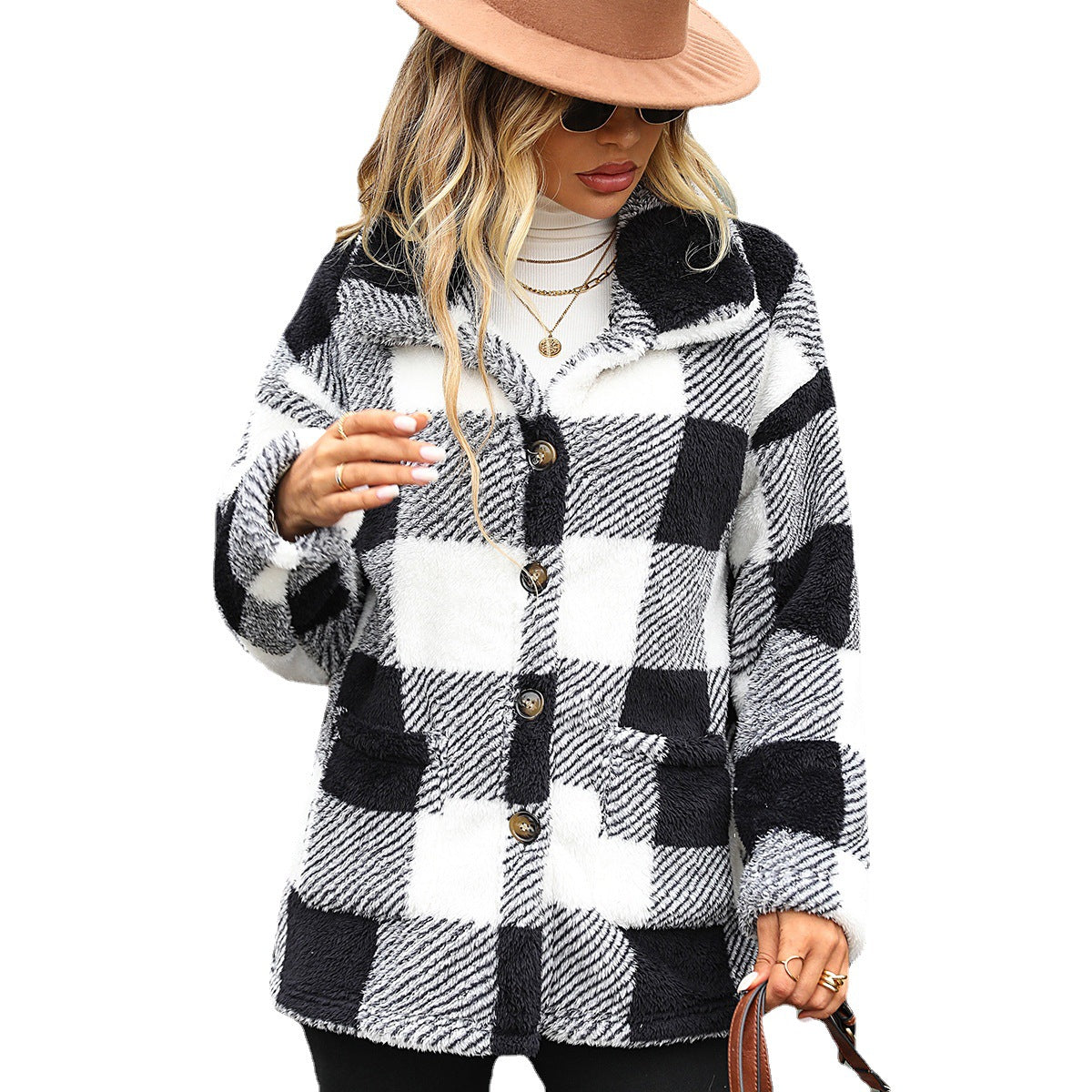 Glitter Fashion Autumn And Winter Women's Wear Lapel Long-Sleeved Mid-Long Plaid Single-Breasted Double-Sided Velvet Casual Coat