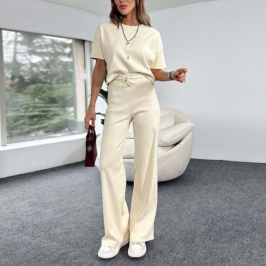 Women's Short-Sleeved Round Neck T-Shirt Elastic Waist Trousers Fashion Casual Two-Piece Set