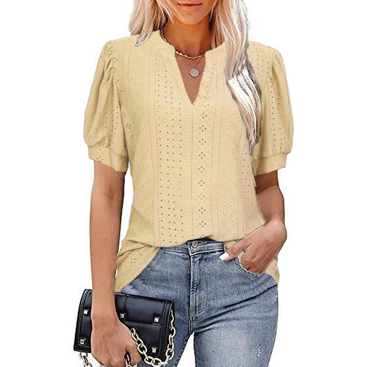 Spring And Summer Casual V-Neck Solid Color Hollow Puffy Sleeve Loose T-Shirt