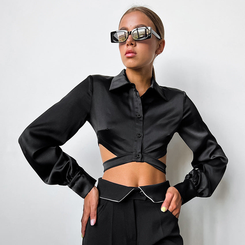 Khaki Imitation Acetate Color Butyl Lapel Short Crop Lace-Up Shirt New Autumn Fashion
