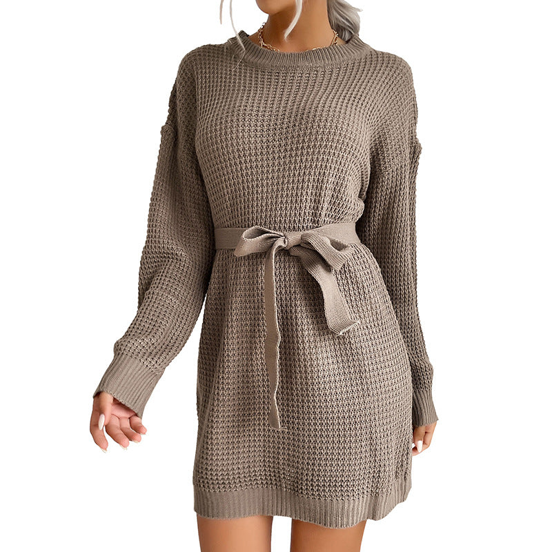 New Autumn And Winter Sweater Women's Lace Solid Color Long Sleeve Sweater Dress