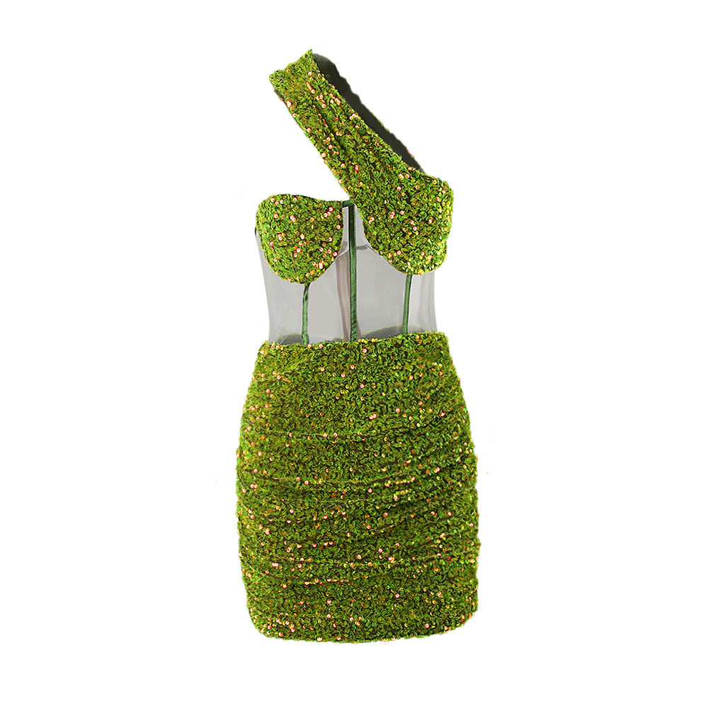 Green Sequin Mesh Perspective Oblique Shoulder Backless Chest Wrap Pleated Hip Skirt Wish Dress Female