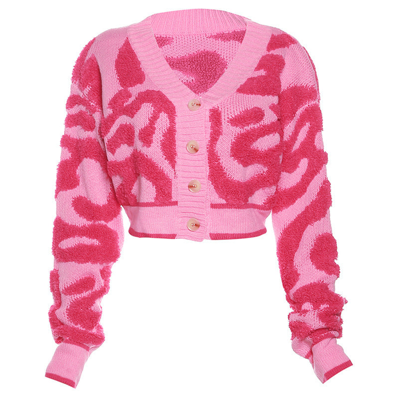 Style New Autumn Fashion Sweet Color Combination Low-Cut V-Neck Buckle High Waist Slim Knit Top Woman