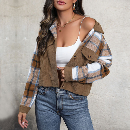 Spring New Corduroy Plaid Top Vintage Lapel Patchwork Cardigan Coat Women