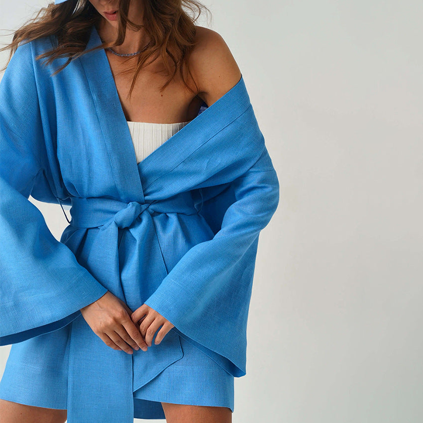 Autumn New Temperament Leisure Commute Wrapped Loose Cotton Hemp Belt High-Waisted Long-Sleeved Dress Women