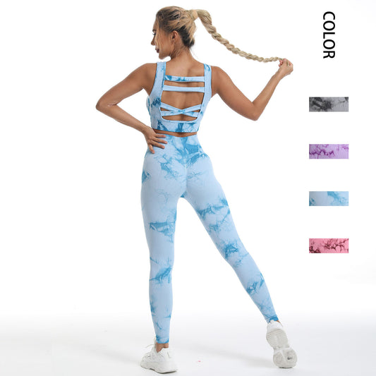 New Tie-Dye Seamless Yoga Set For Women Fitness Sports Bra Underwear Tight Lift Hip High Waist Yoga Pants Long Pants
