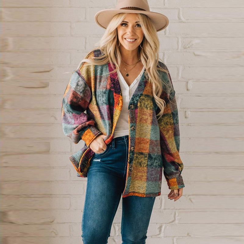 Autumn New Fleece Warm Coat Female Western Multi-Color Plaid Loose Jacket Female