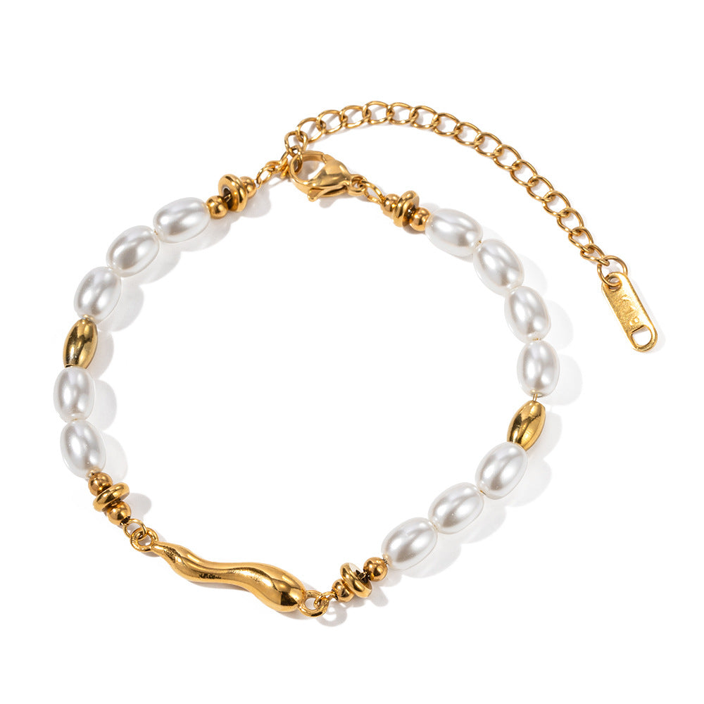 5pcs New Fashion Style 18K Stainless Steel Inlaid Pearl Shaped Drop Cast Piece Retro Hand Bracelet