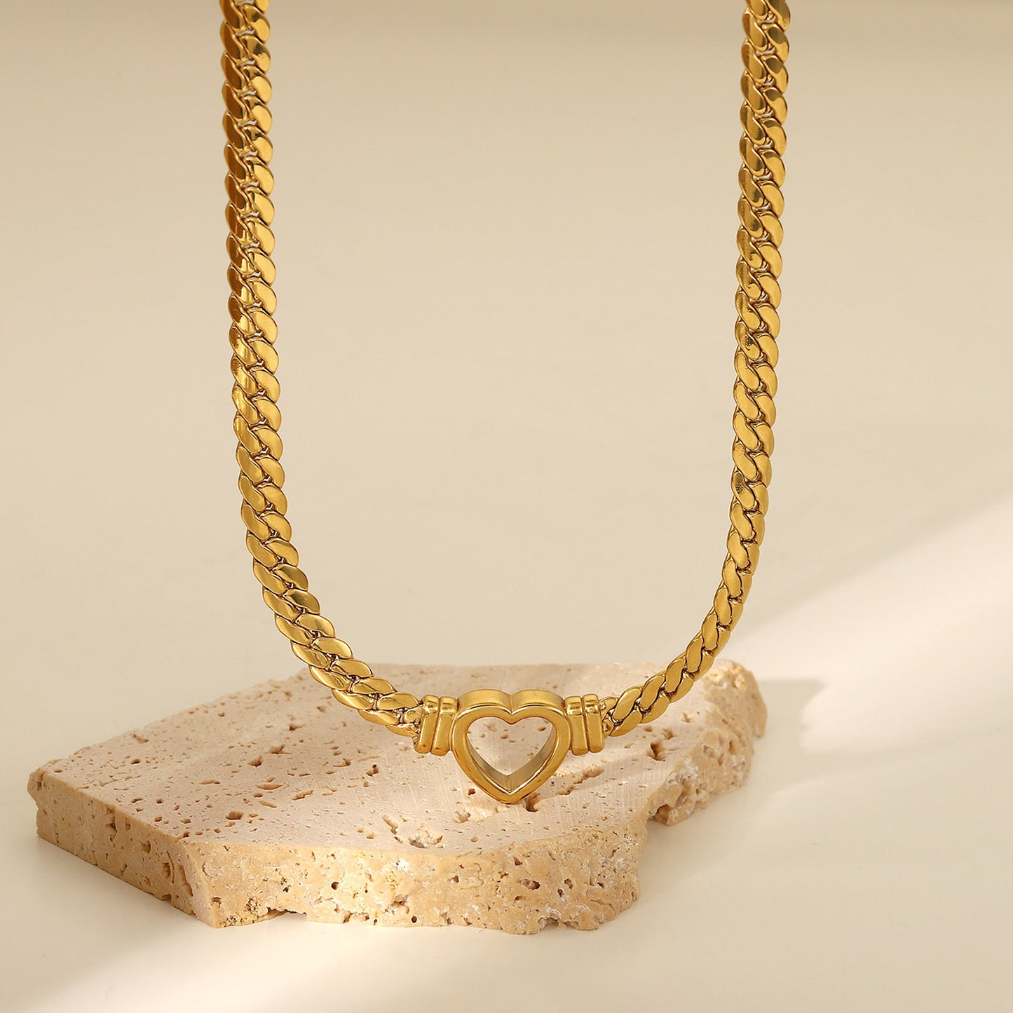 5pcs New Stainless Steel Cuban Chain Heart Necklace 14K Gold Plated Hollow Flat Snake Chain Love Pendant Necklace For Women