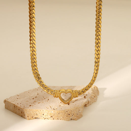 5pcs New Stainless Steel Cuban Chain Heart Necklace 14K Gold Plated Hollow Flat Snake Chain Love Pendant Necklace For Women