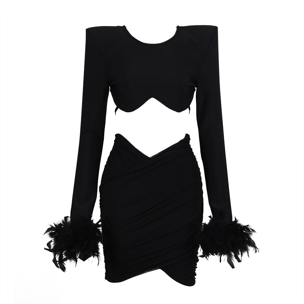 Fashion Suit Sexy Crop Feather Cuff Long Sleeve Top Tight Pleated Skirt Two-Piece Set