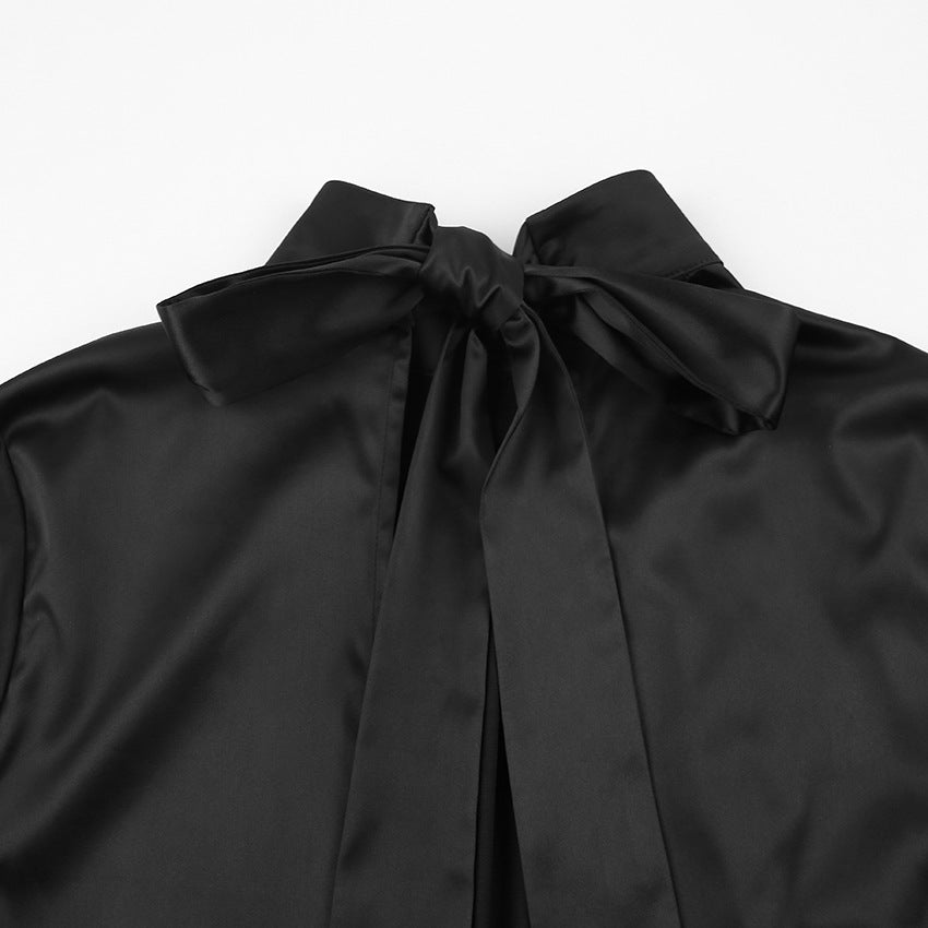 Spring/Summer New Backless Turtleneck Dress Commuter Bow Little Black Dress Dress Satin Ice Silk