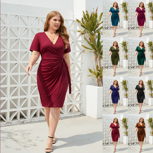 Plus-Size Women's Solid Color Casual Holiday Dress Strap Holiday V-Neck Mid-Length Dress