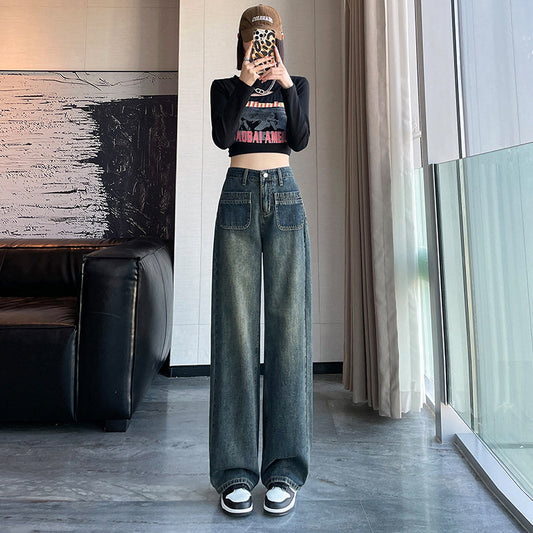 Autumn Winter Loose Slimming Leg Long High Waist Straight Leg Wide Leg Pants Personality Pocket Casual Jeans Women's Pants