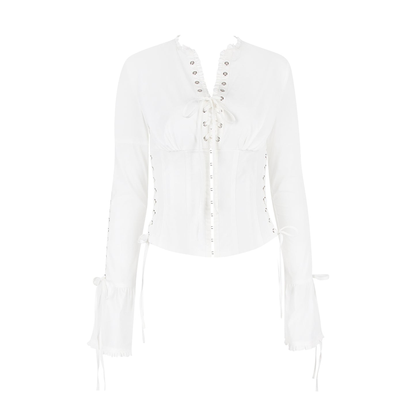 Autumn Women's Sexy Deep V Drawstring Belted Short Waist-Exposed White Long-Sleeved Spice Girl Top For Women