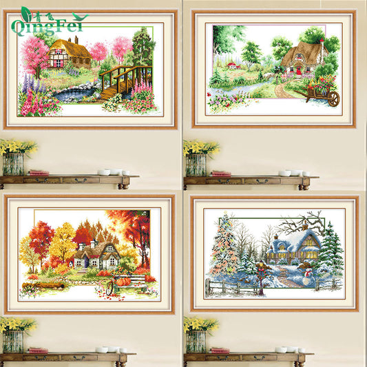 New Version Of The Four Seasons Spring Summer Autumn And Winter Cross-Stitch Rich Tree Map Foreign Scenery European Living Room