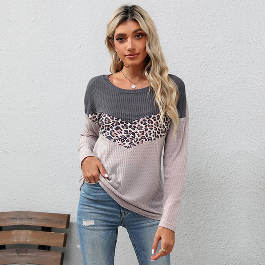 New Autumn Fashion Leopard Print Matching Color Sweater Long Sleeve Casual Blouse Women