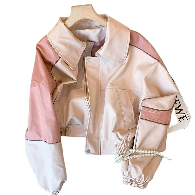 Pink Casual Leather Coat For Women Spring New Fashion Brand Loose Vintage Biker Jacket