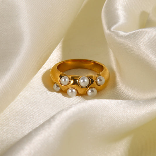 5pcs Vintage Light Luxury Senior Sense Pea-Pod Pearl Ring Ring Ring Plated 18K Gold Not Fade Titanium Steel Ring Female