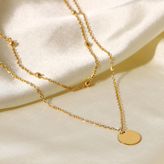 5pcs 18K Gold Plated Double Pendant Necklace Stainless Steel Bead Chain Disc Pendant Neck Chain Women's Fashion Collars