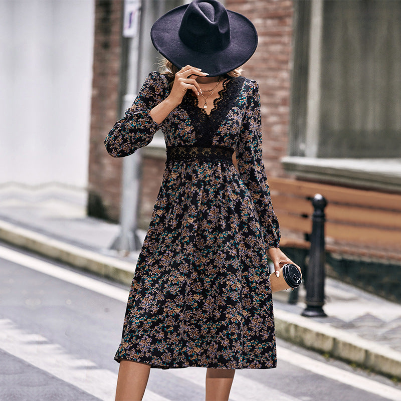 New Women's Spring And Autumn New Lace Lace V-Neck Slim Patchwork Dress