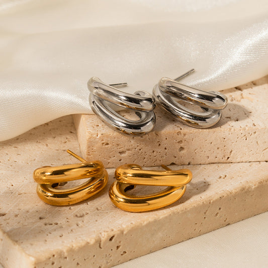 5pcs Same 18K Stainless Steel Double Hollow C-Shaped Earrings Double Line Geometric Earrings For Women