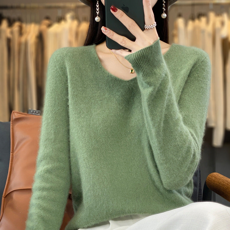 100 Pure Wool Knitwear Women's V-Neck Pullover Loose Base Shirt Autumn And Winter New Solid Color Sweater