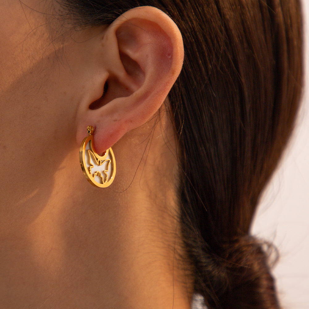 5pcs 18K Electroplated White Fritillary Hollow Butterfly Round Earrings Fashion Stainless Steel Round Earrings For Women