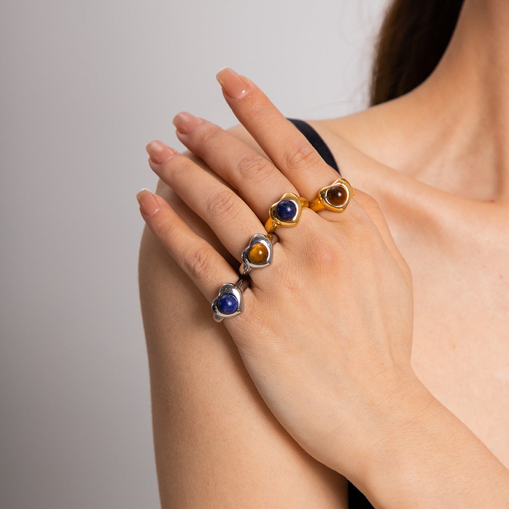 5pcs New Fashion Gold-Plated Stainless Steel 18K Gold Stainless Steel Tiger Eye Stone Love Ring Fashion Jewelry