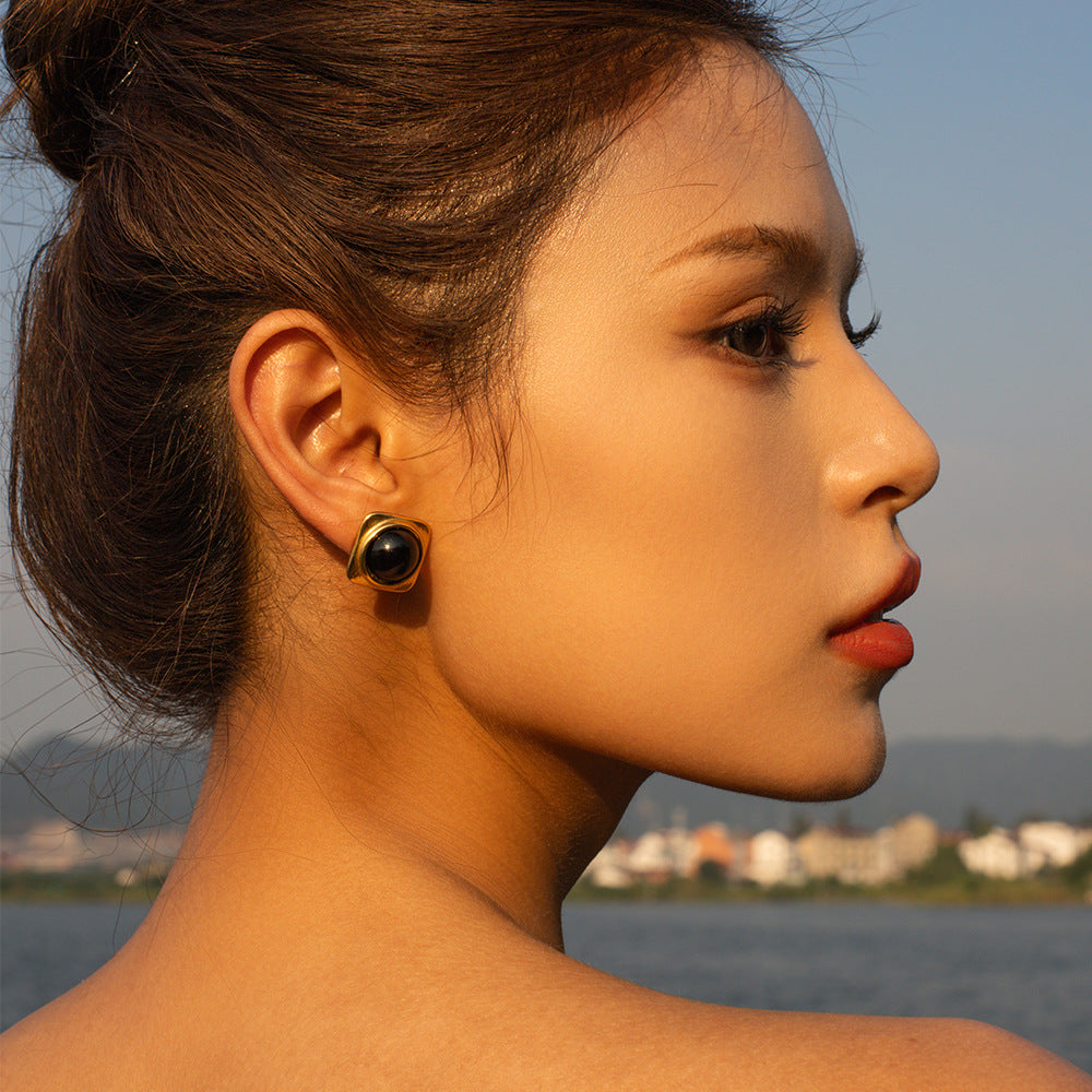 5pcs 18K Gold Stainless Steel Square Set Mn Earrings New Fashion Temperament Niche Design Earrings